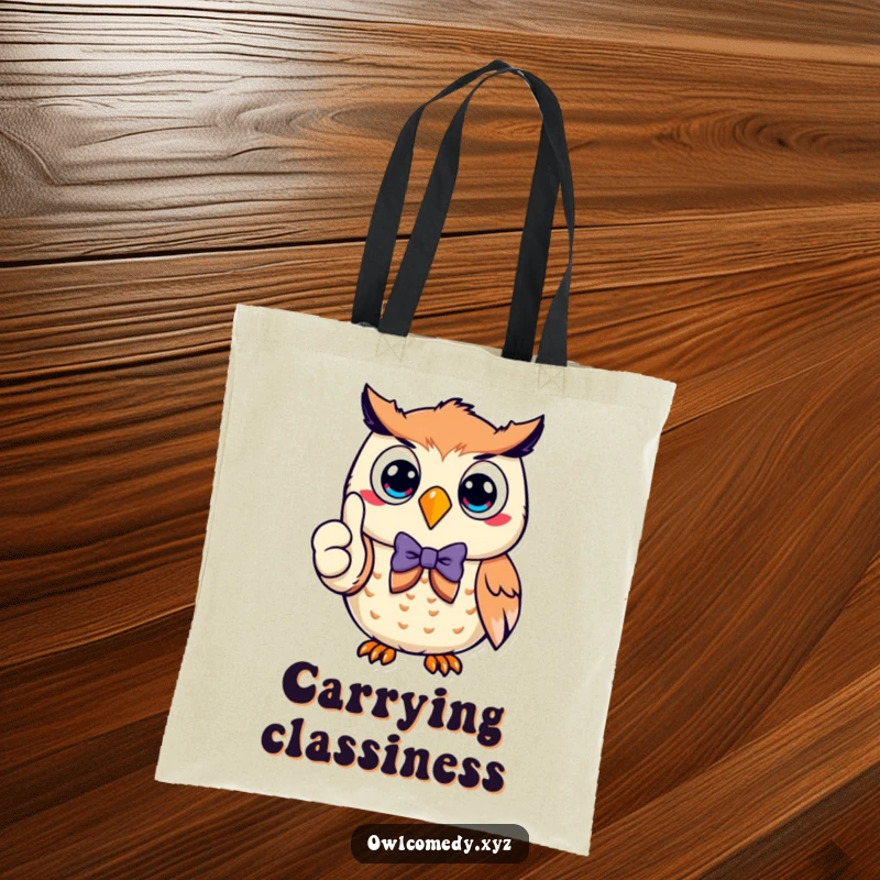 Funny smiling owl in a bow tie, giving a thumbs up, featured on this stylish tote bag for carrying items with confidence.