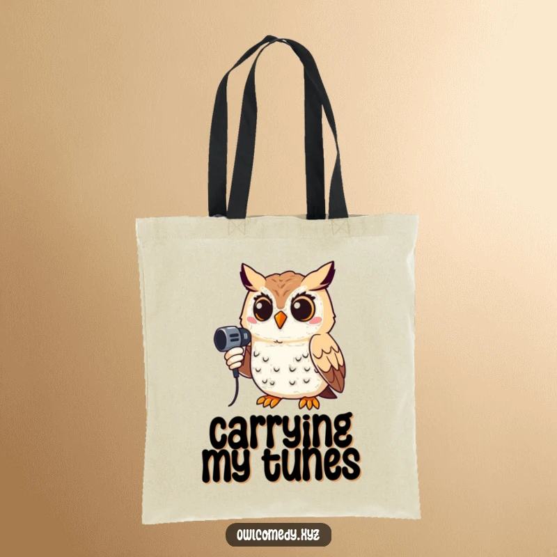 Funny tote bag depicting a smiling owl holding a microphone, ready for a performance, a practical and humorous carry-all.