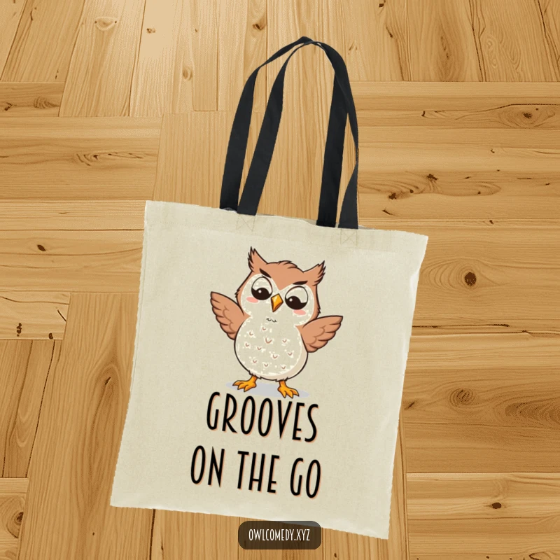 Funny Kawaii owl tote bag with a goofy grin, dynamically dancing, a humorous accessory for daily errands, perfect gift.