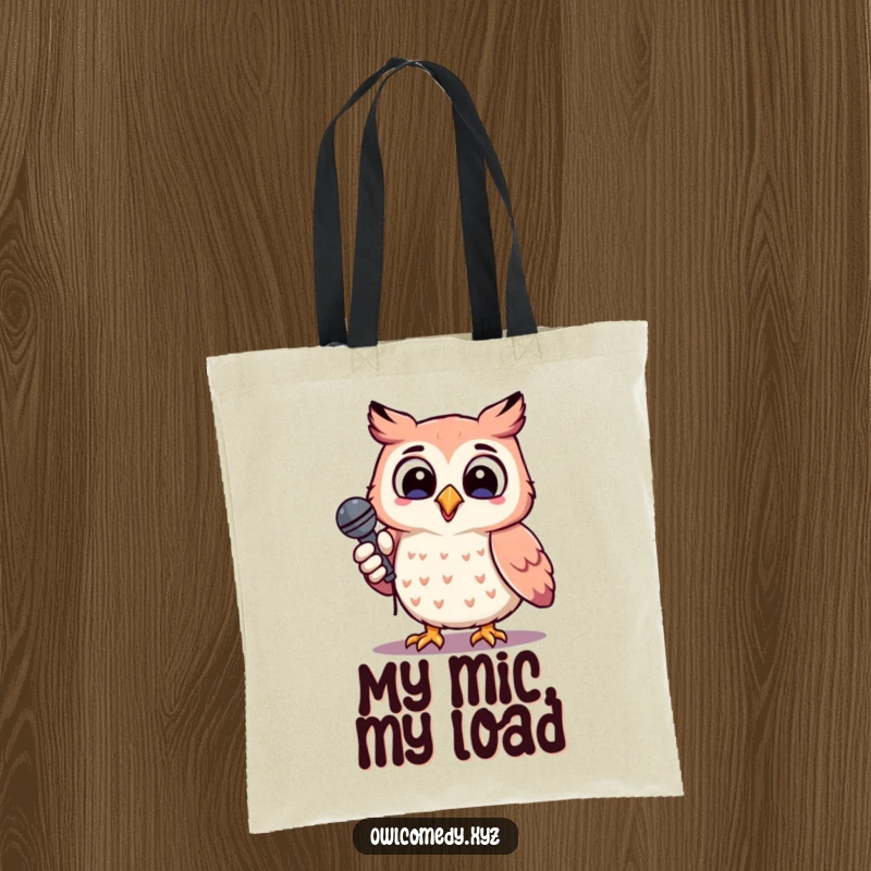 Funny cheerful kawaii owl holding a microphone, head tilted, singing, tote bag, music, storage, cute.